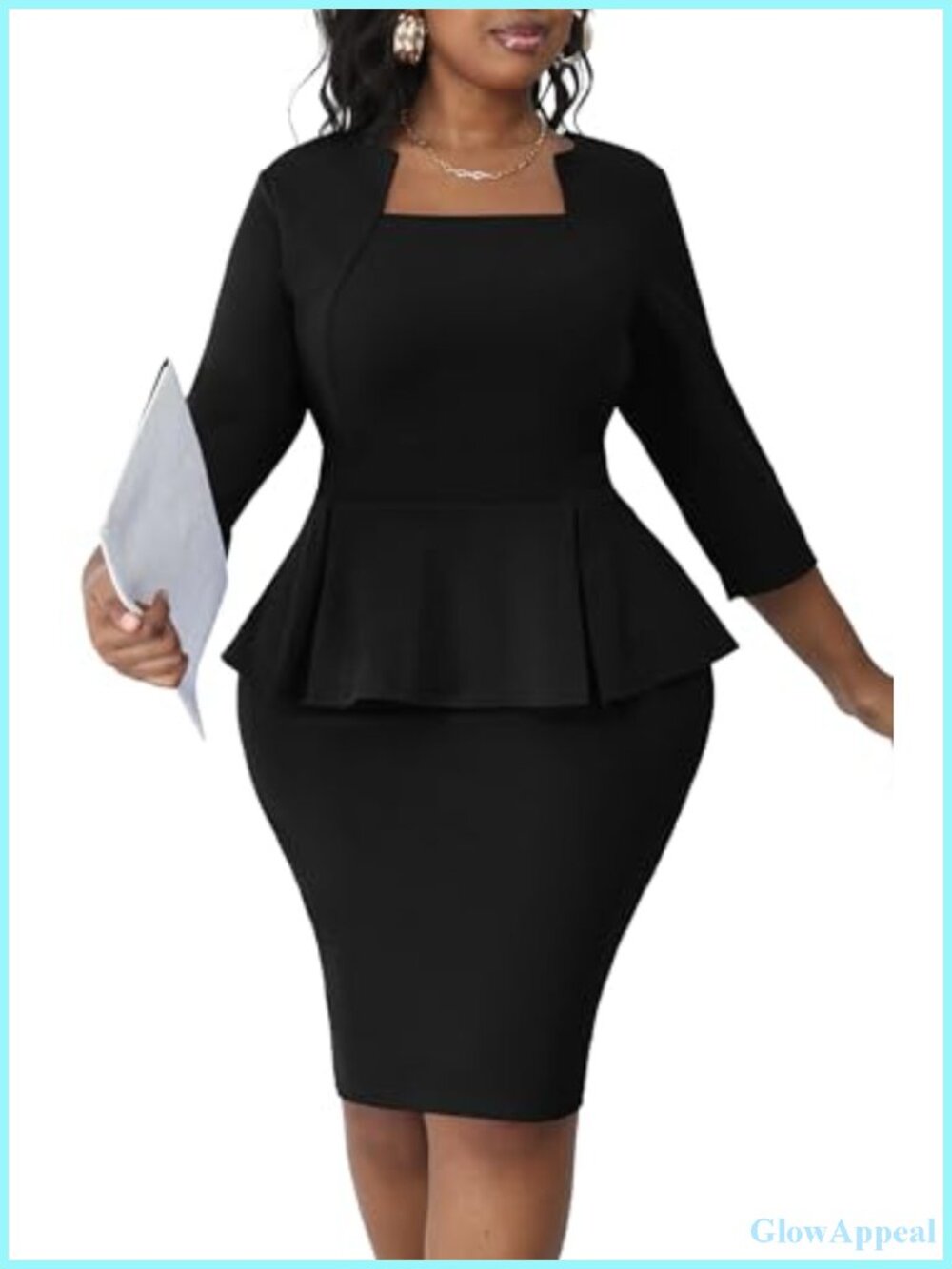 Plus Size Peplum Midi Pencil Dress 3/4 Sleeve Work Church